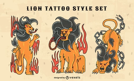 Lion wild animals tattoo style set