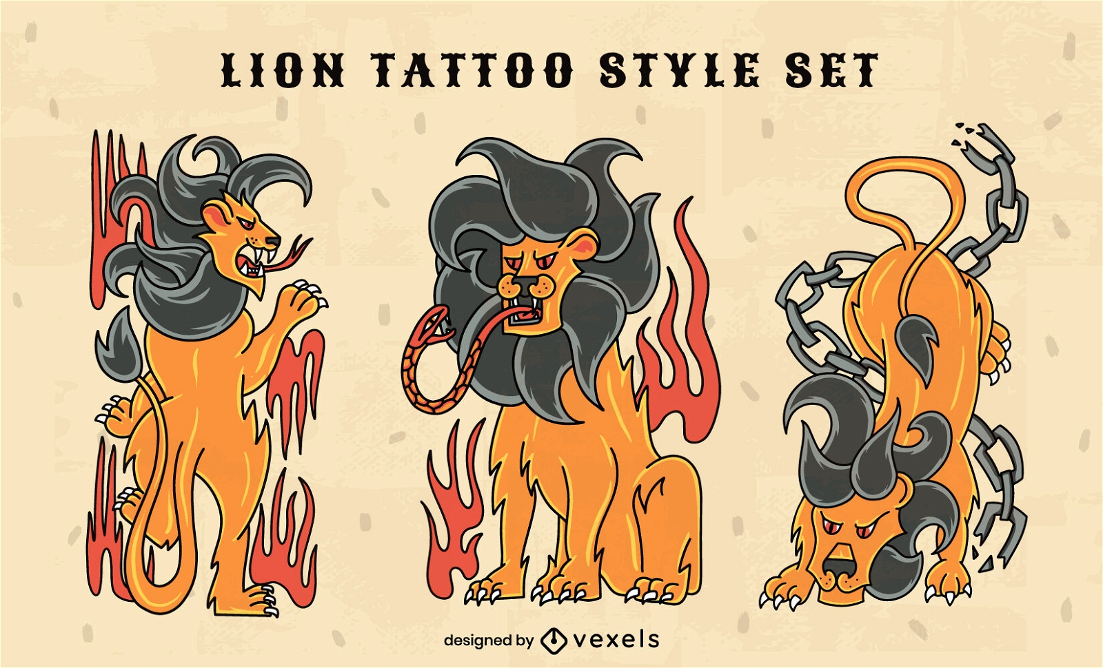 Lion wilde Tiere Tattoo-Stil-Set