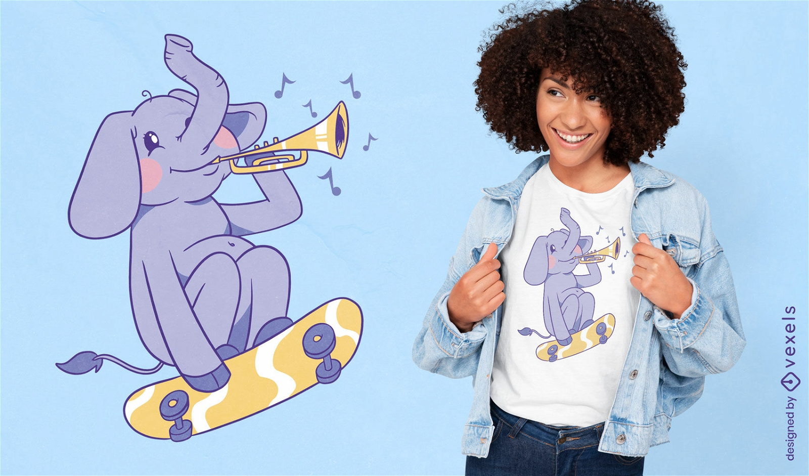 Elefant-Trompeten-Skate-Cartoon-T-Shirt-Design