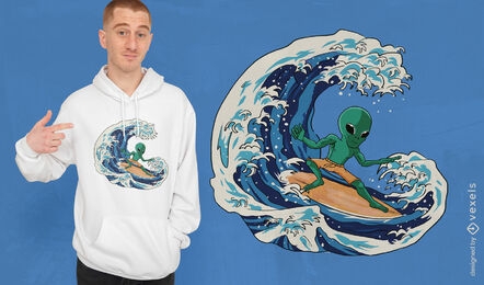 Diseño de camiseta de surf alienígena en olas.