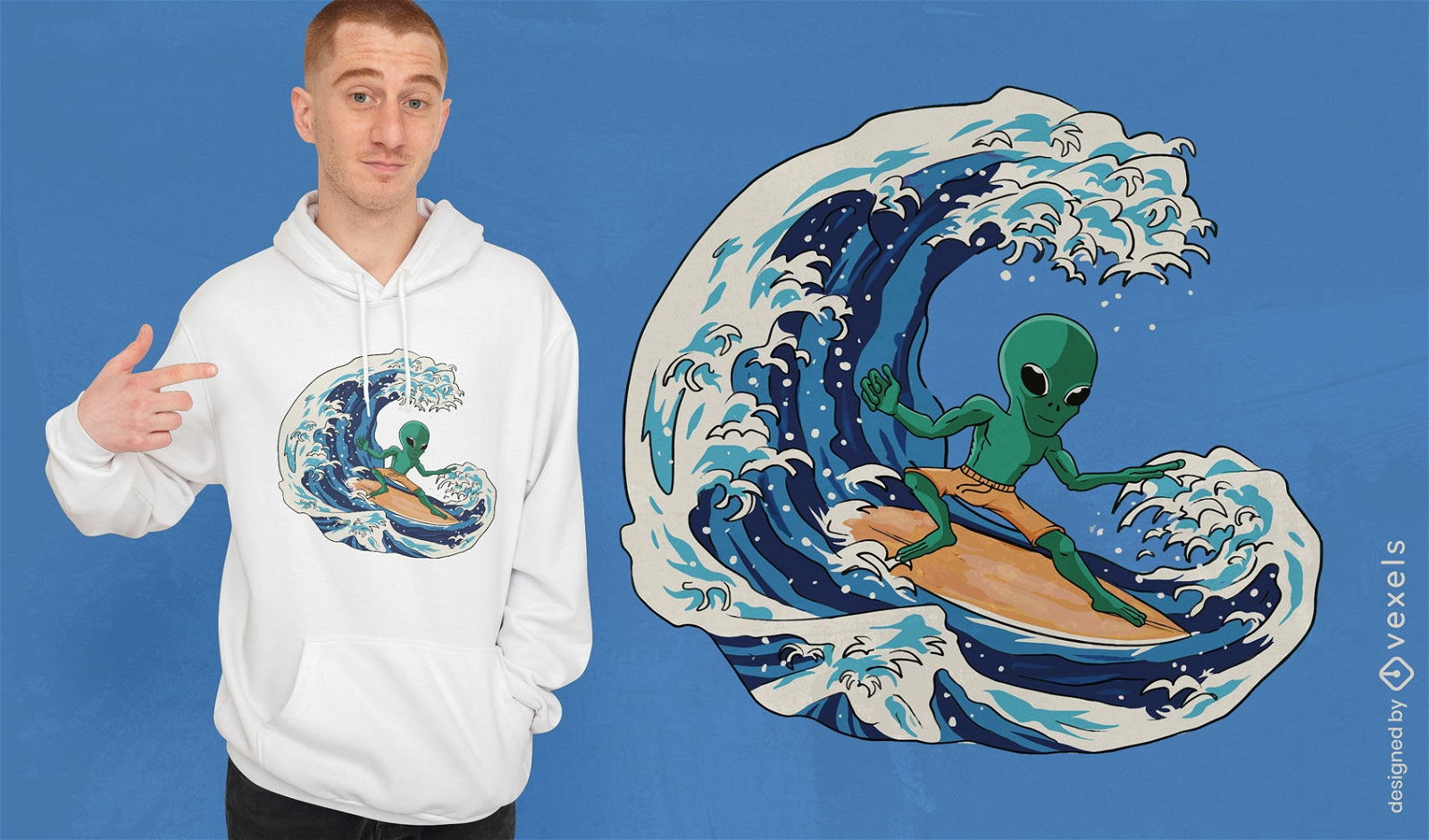 Dise?o de camiseta de surf alien?gena en olas.