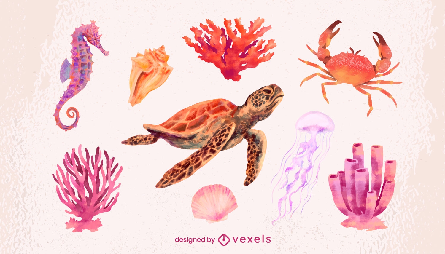 Conjunto de aquarela de recifes de corais e animais marinhos