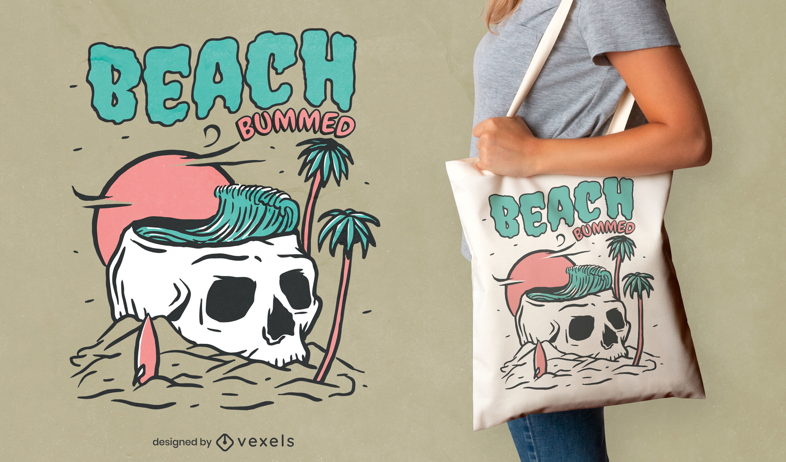 Diseño de bolso tote con calavera en la playa