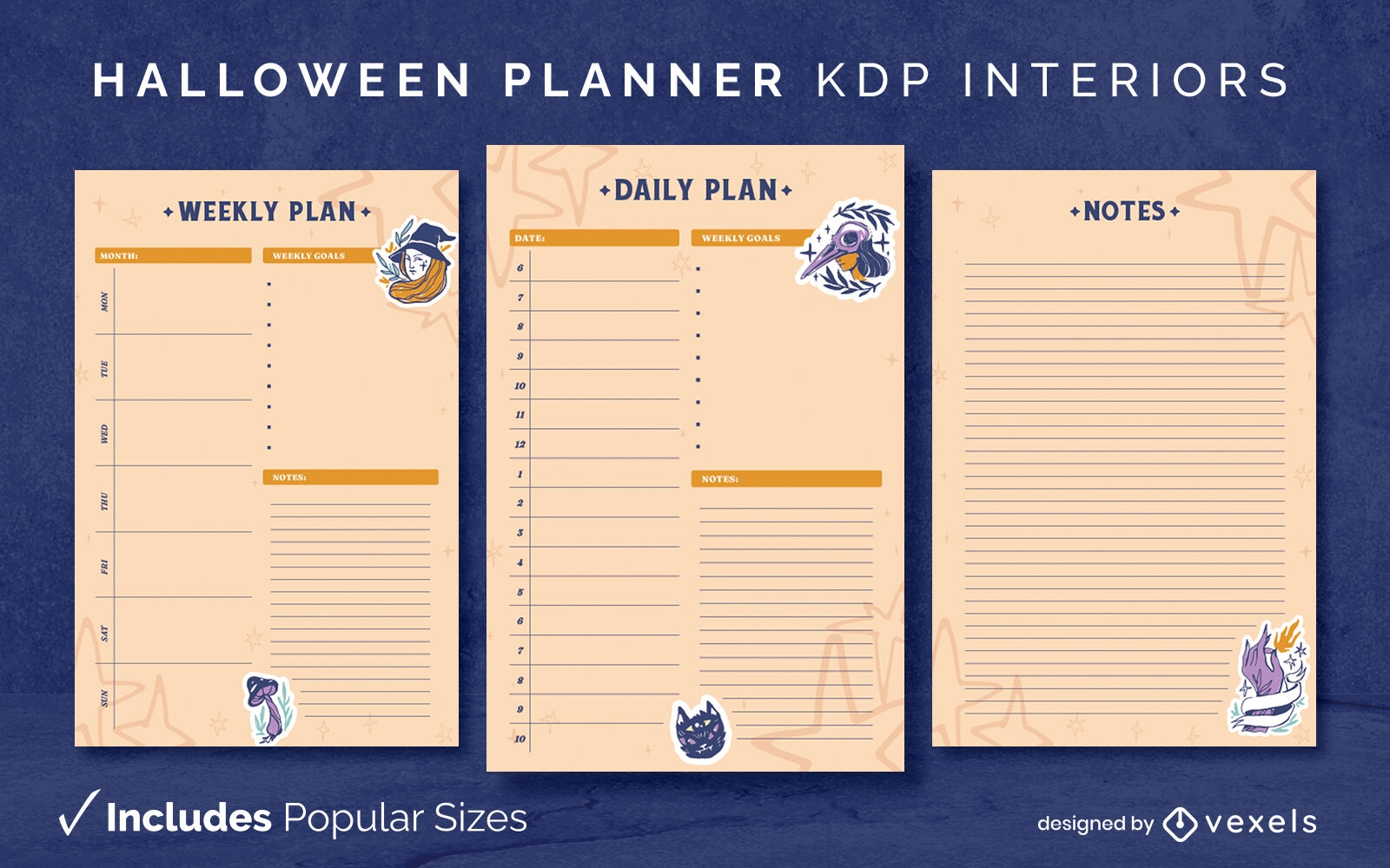 Modelo de diário de planejador de bruxas de Halloween KDP design de interiores