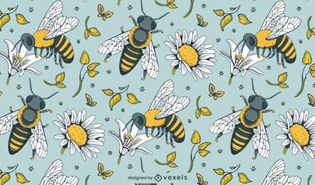 Tileable Musterdesign der Vintagen Bienen und der Gänseblümchen
