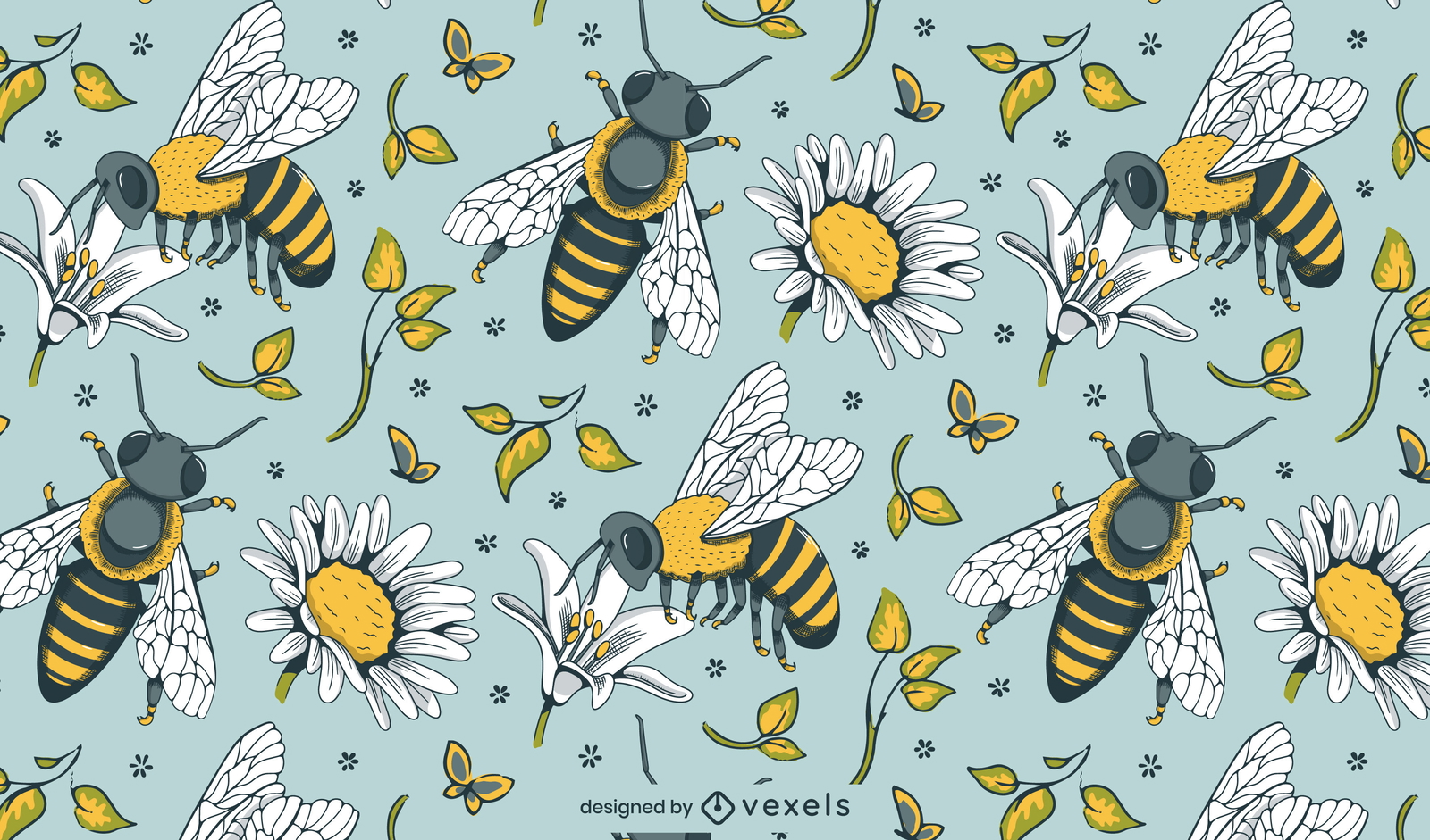 Diseño de patrones enlosables de abejas y margaritas vintage