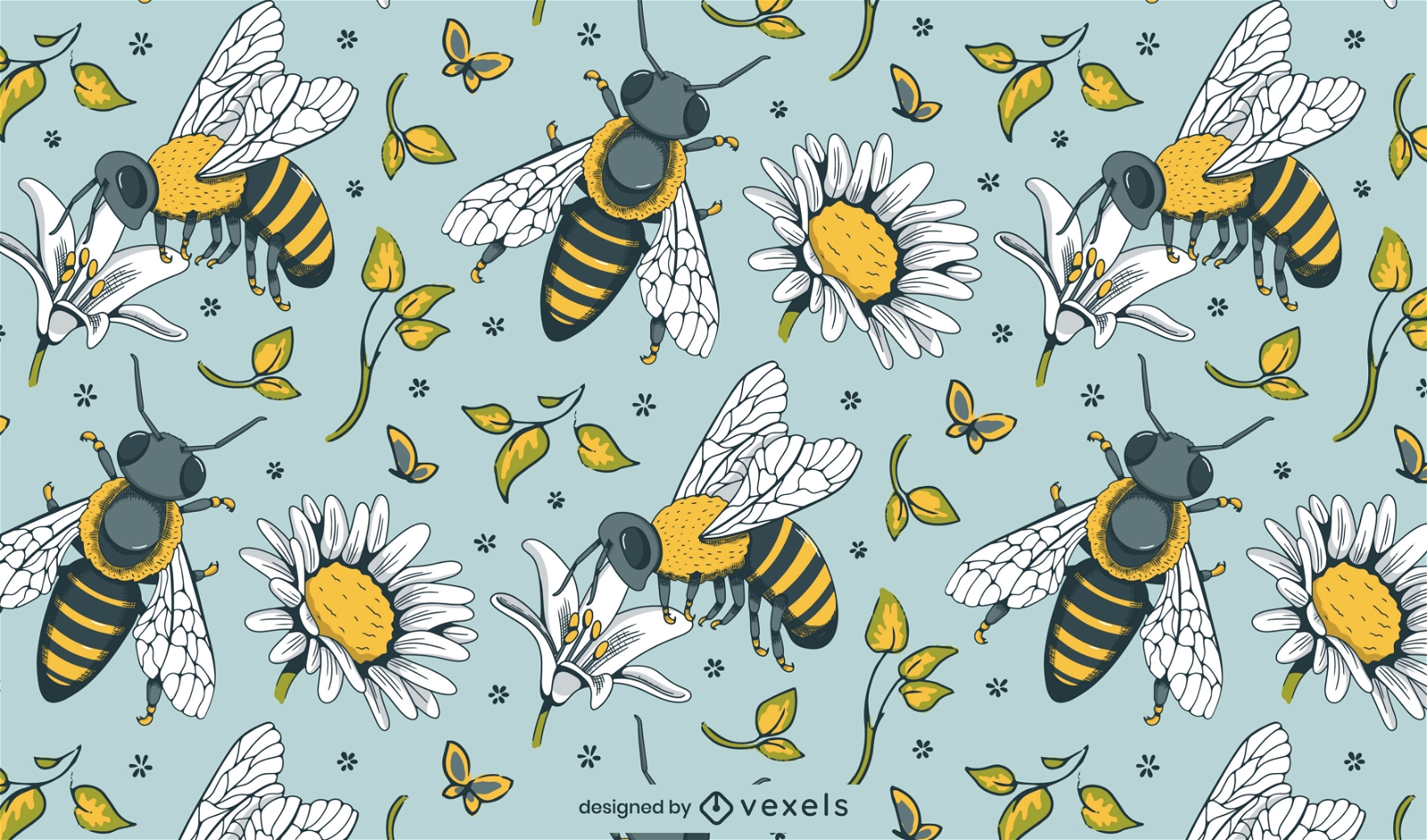 Vintage bees and daisies tileable pattern design