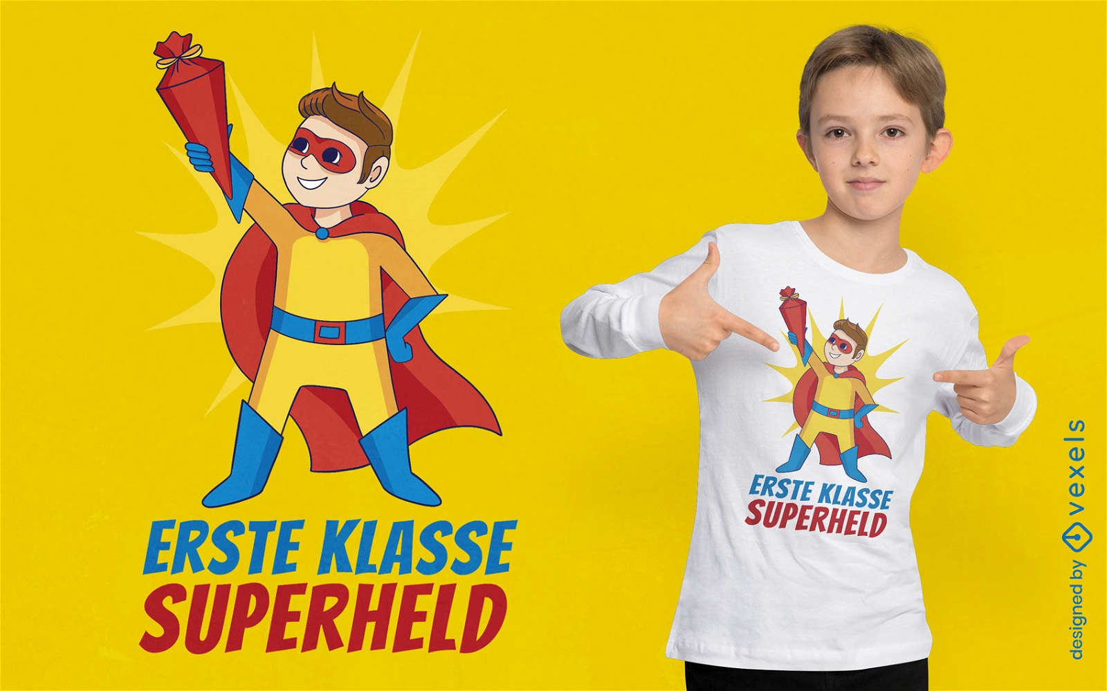 Diseño de camiseta de dibujos animados de niño superhéroe