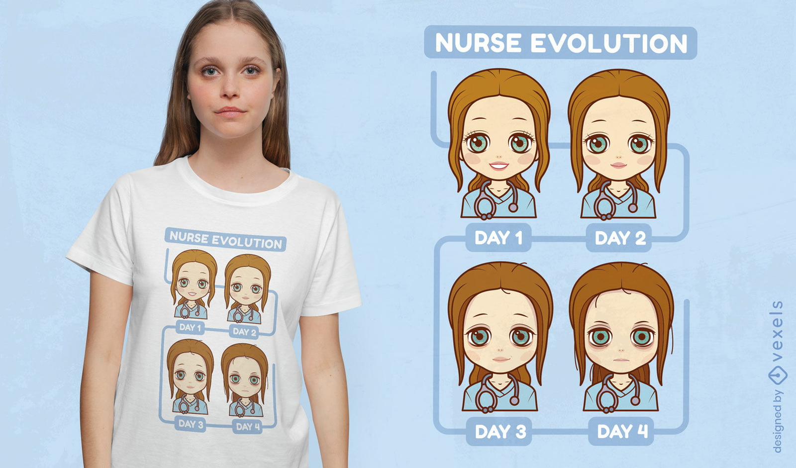 Design de camiseta de evolução de personagem de enfermeira