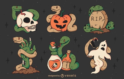 Conjunto de animales serpientes en elementos de Halloween