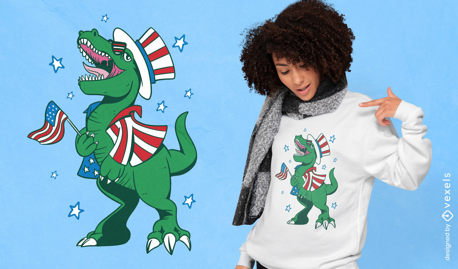 Design de camiseta de personagem de dinossauro do dia da independência