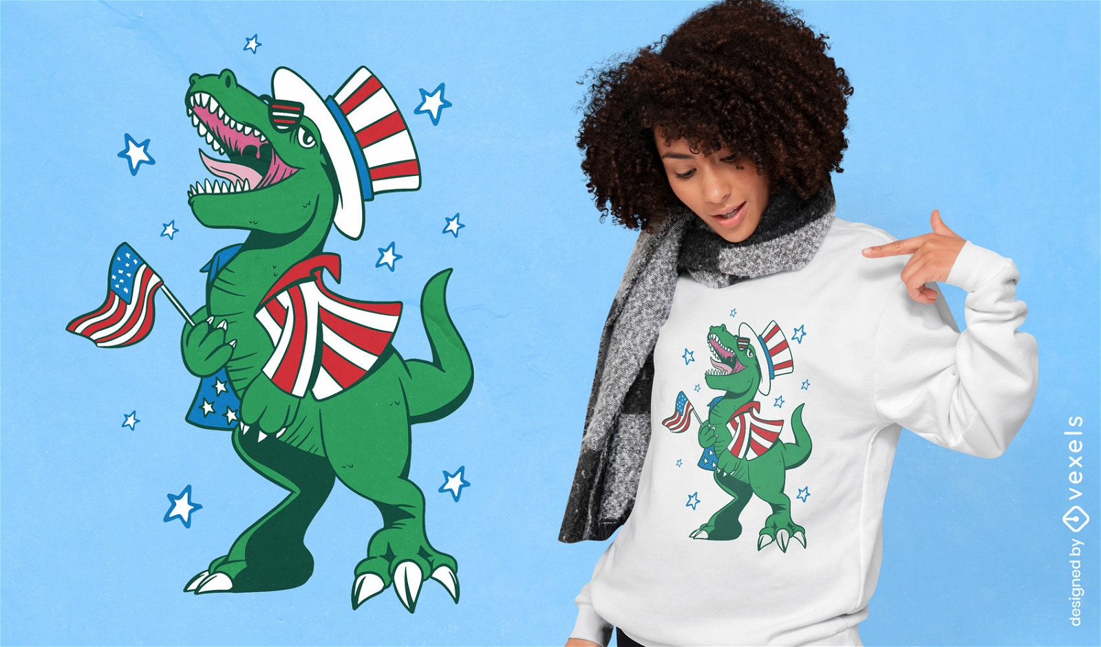 T-Shirt-Design für den Unabhängigkeitstag mit Dinosauriercharakter