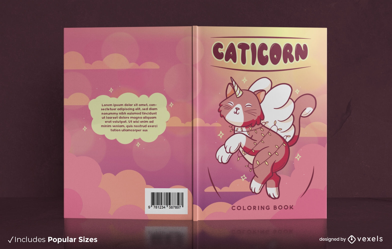 Design de capa de livro de unicórnio de gato feliz