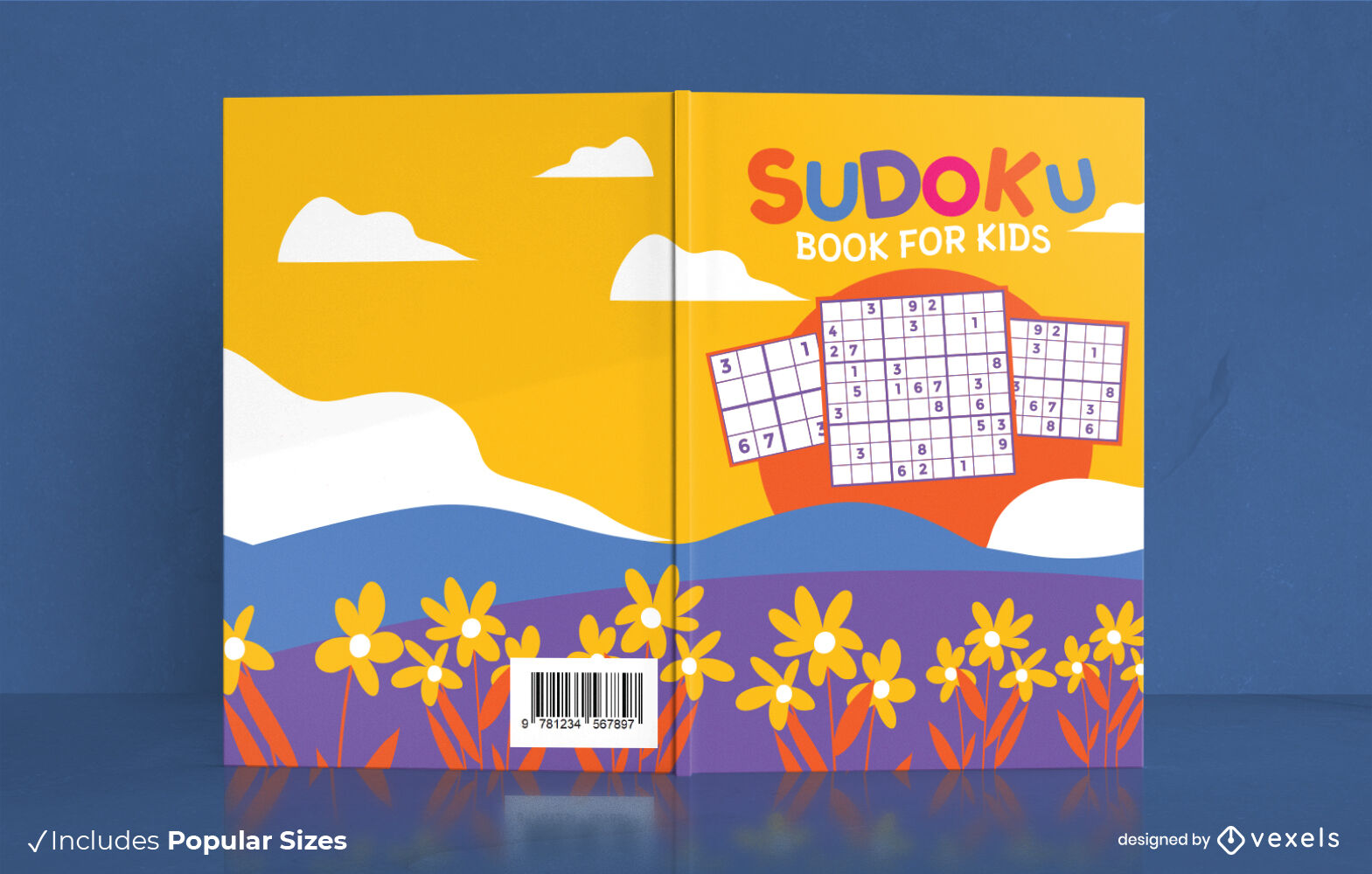 Diseño de portada de libro de sudoku y campo de flores.