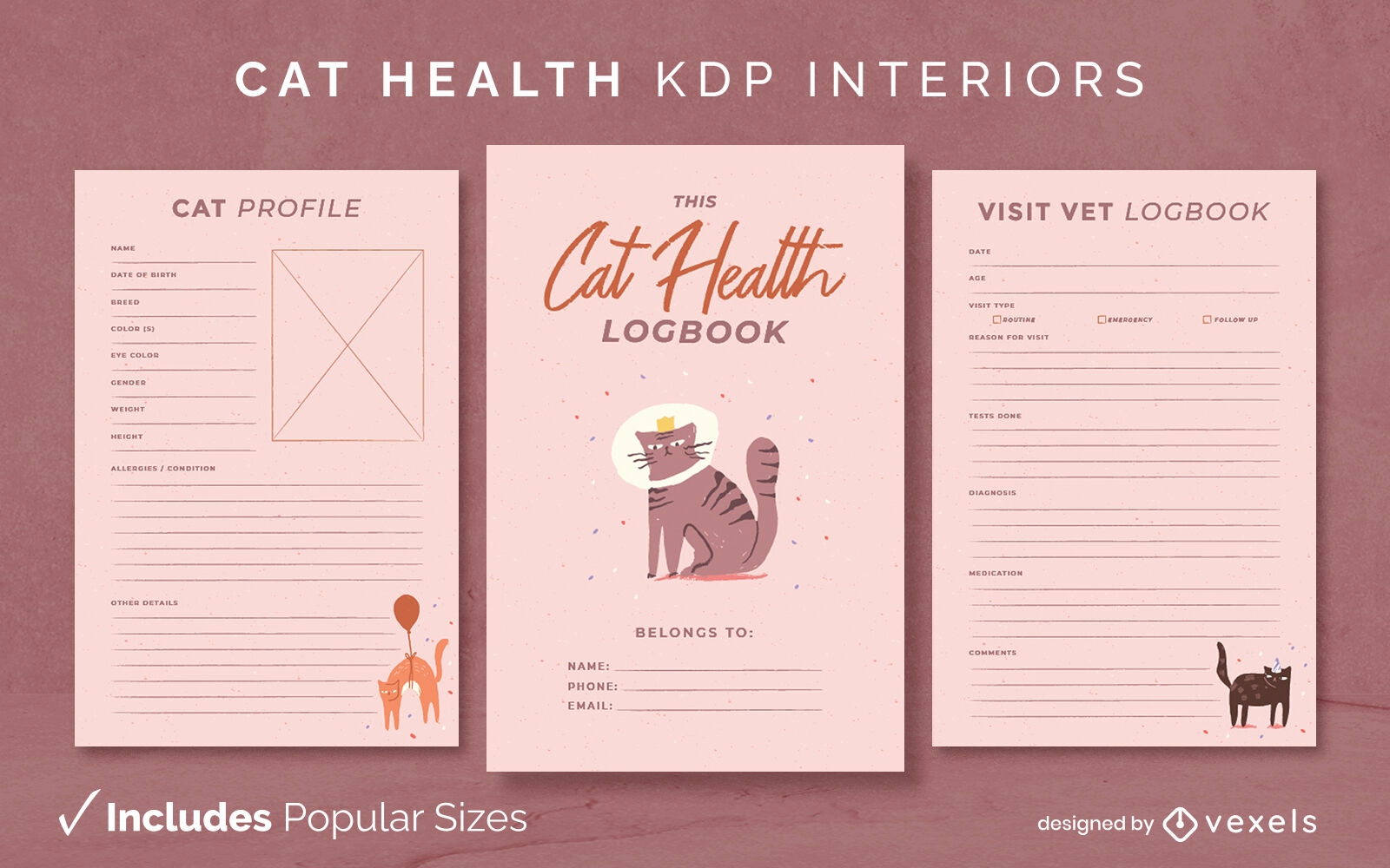 Plantilla de diseño de diario de salud para gatos KDP