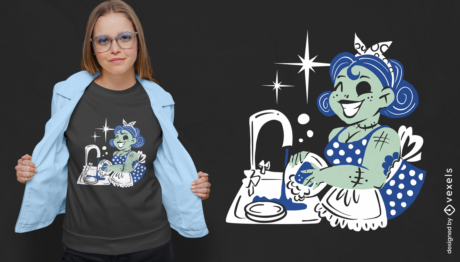 Happy zombie housewife retro t-shirt design