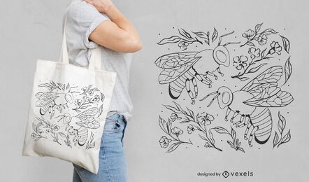Diseño de bolso de mano con arte lineal de abejas y plantas.
