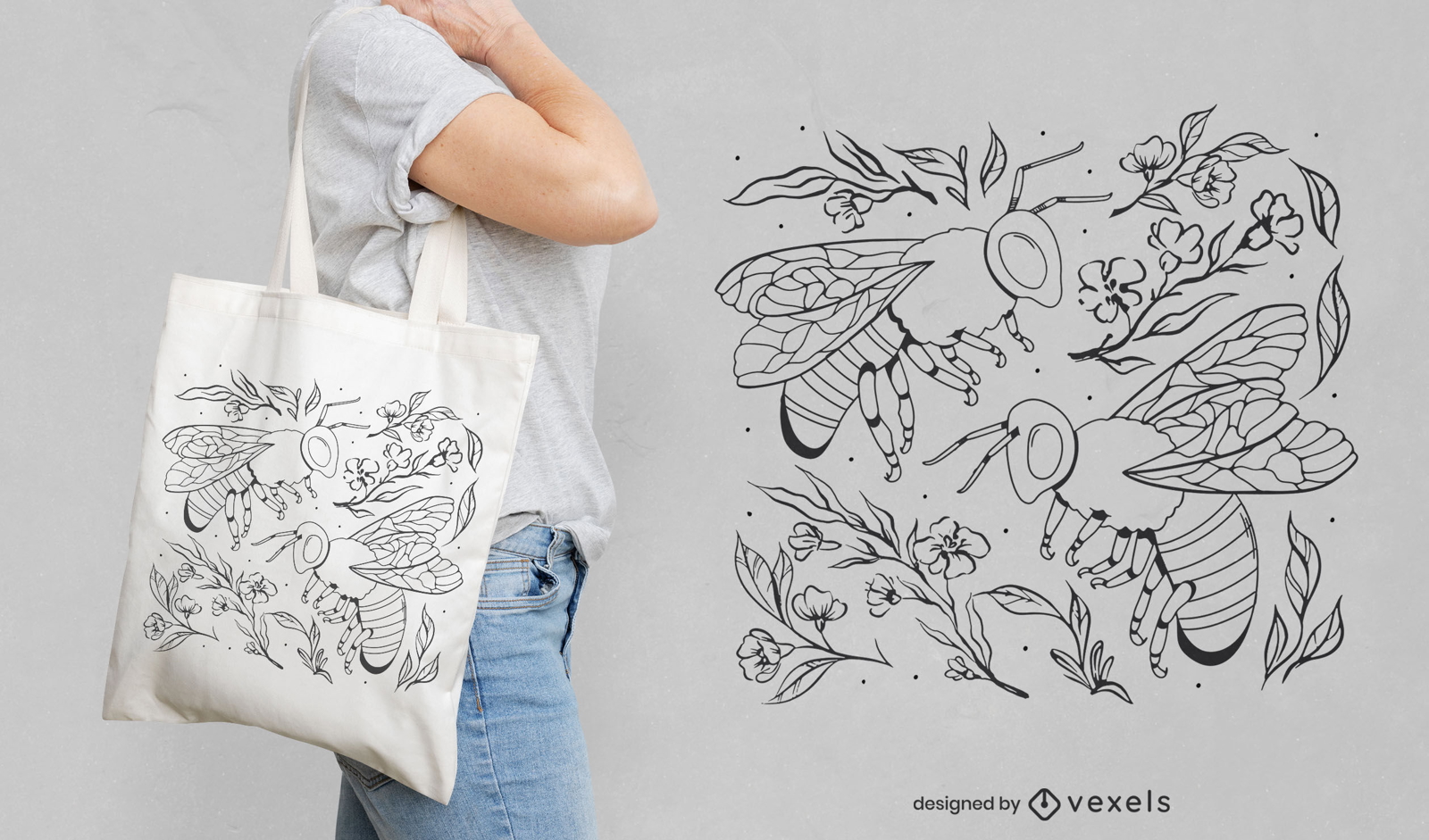Diseño de bolso de mano con arte lineal de abejas y plantas.