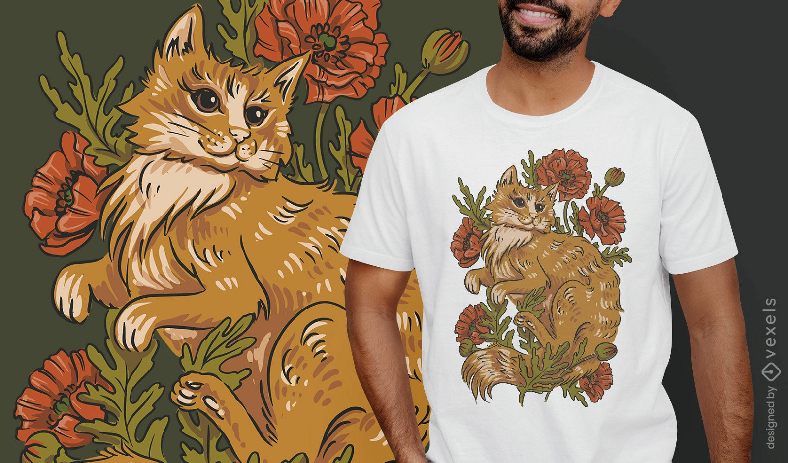 House cat and flowers illustration t-shirt design