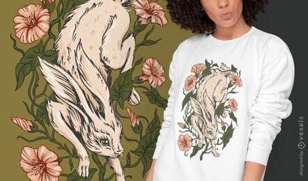 Design de camiseta de ilustração de lebre e flores