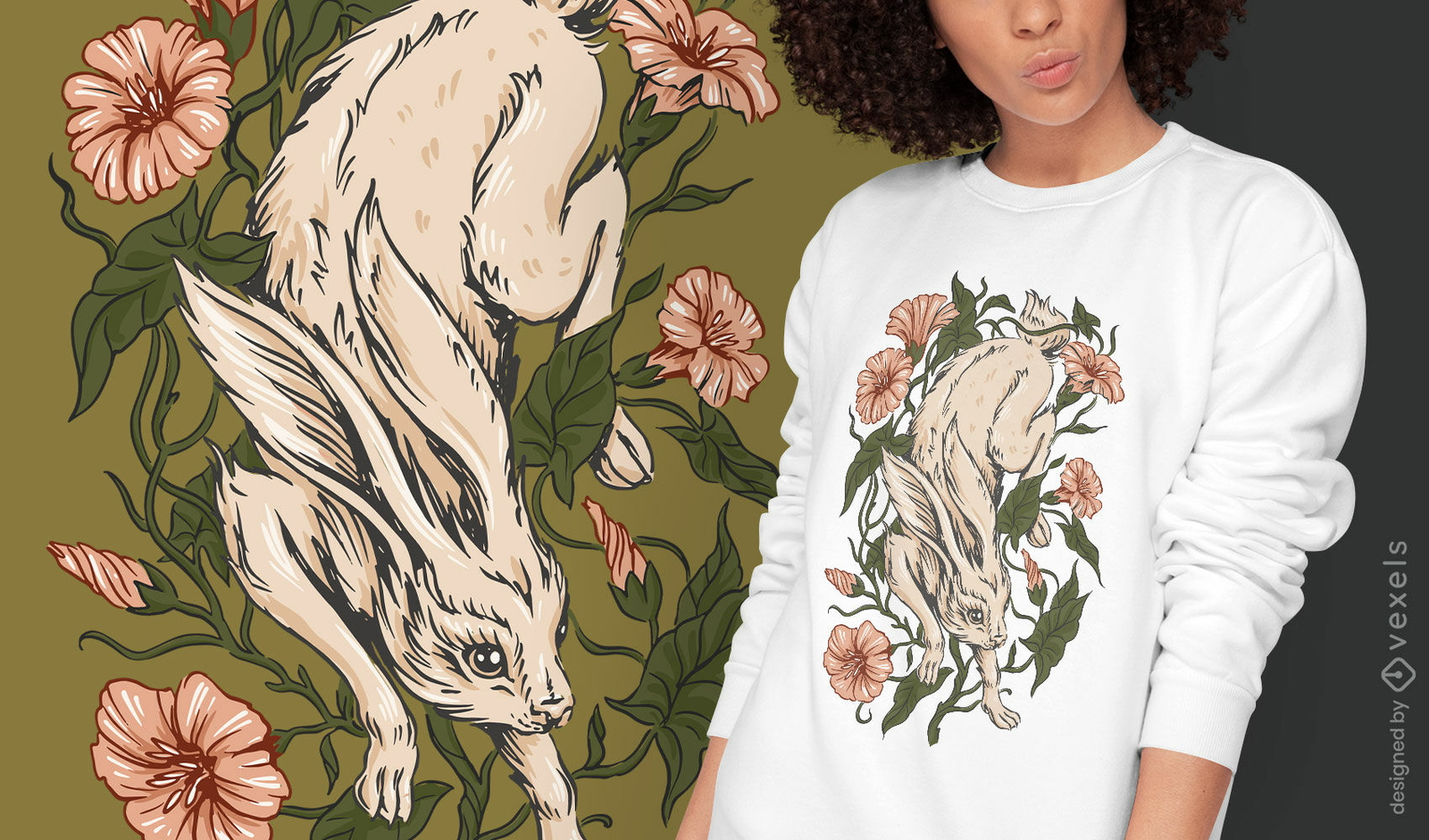 Diseño de camiseta con ilustración de liebre y flores.