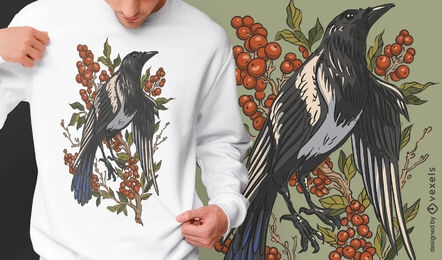T-Shirt-Design mit Elstervogel und Preiselbeerpflanze