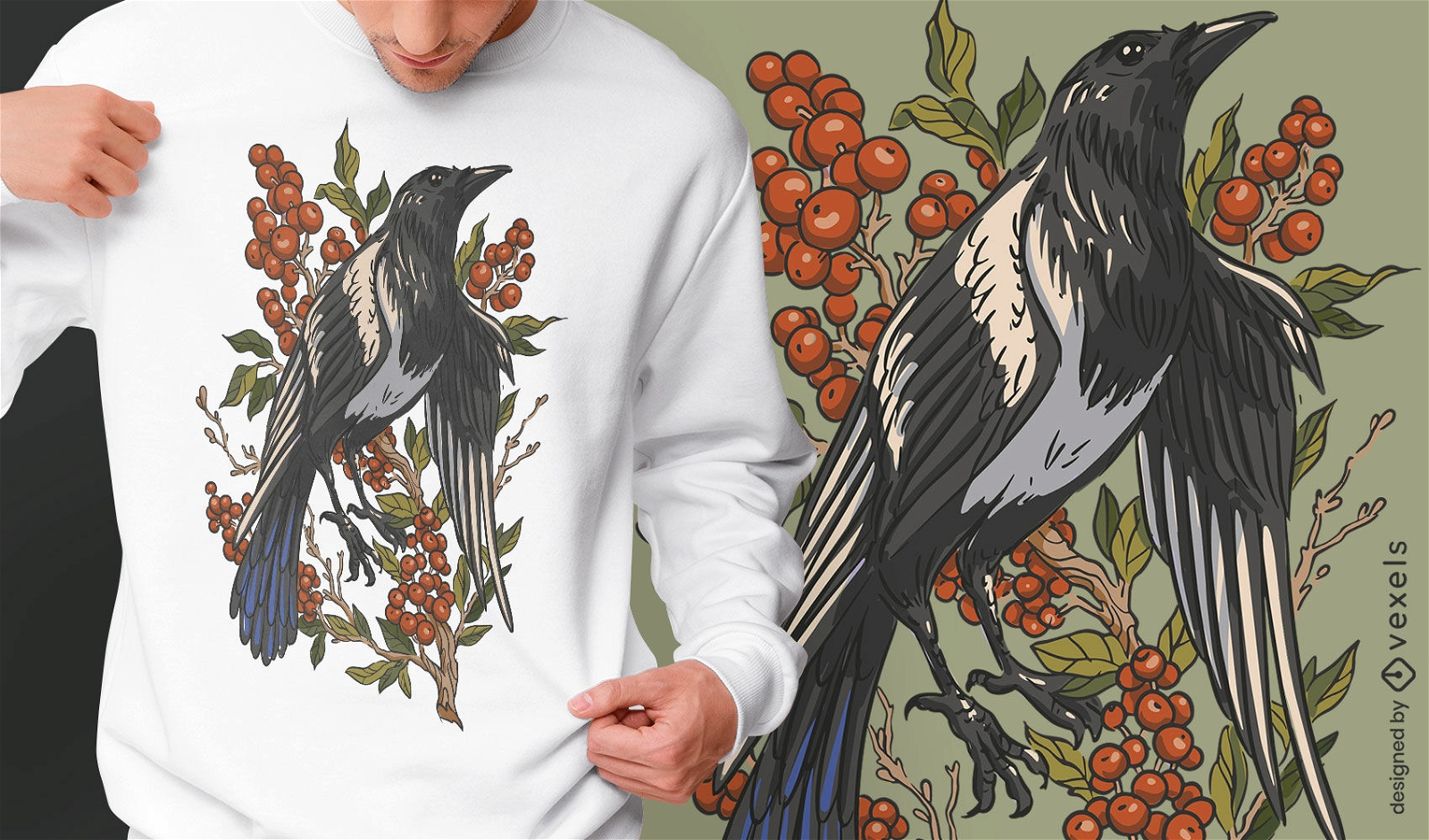 Design de t-shirt de p?ssaro pega e planta de cranberry