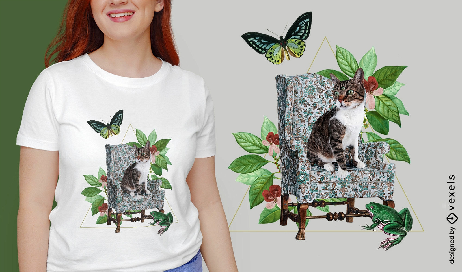 Gato y plantas naturaleza absurda psd diseño de camiseta.