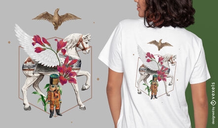 Diseño de camiseta psd de naturaleza absurda de caballo y flores.
