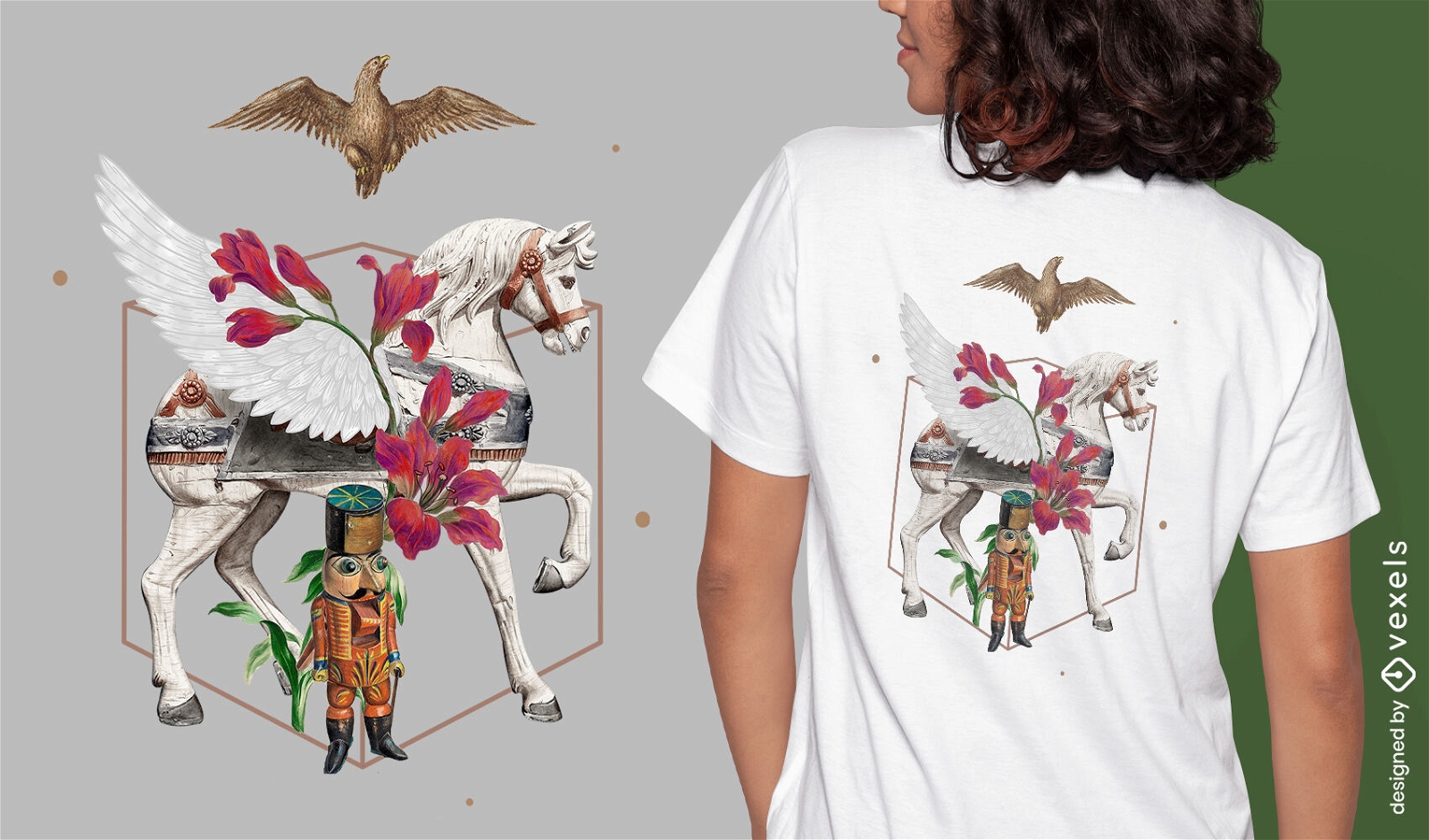 Cavalo e flores natureza absurda psd design de camiseta