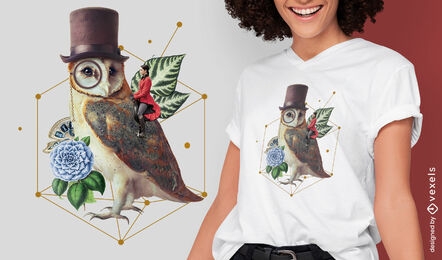 Coruja gigante com design de camiseta PSD de natureza absurda de chapéu