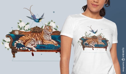 Diseño de camiseta de naturaleza absurda de tigre en sillón