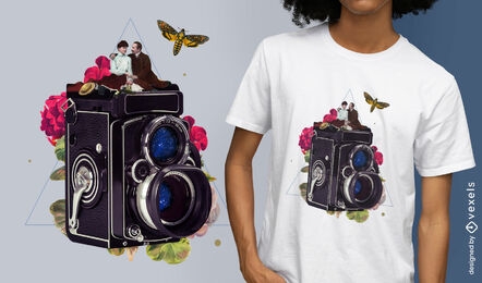Design de camiseta de natureza absurda de câmera vintage gigante