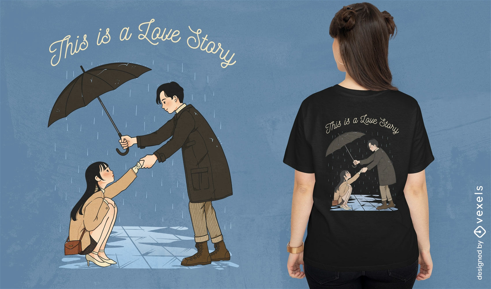 Casal coreano no design de camiseta de chuva
