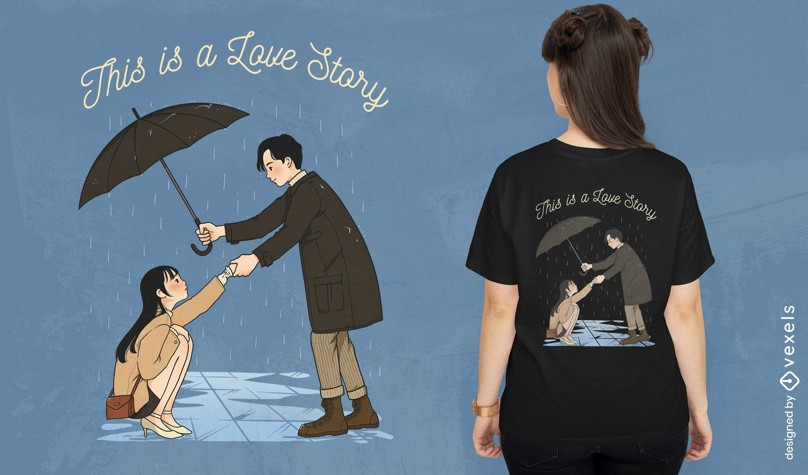 Pareja coreana en diseño de camiseta de lluvia.