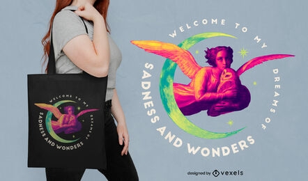 Angel flying with owl tote bag design