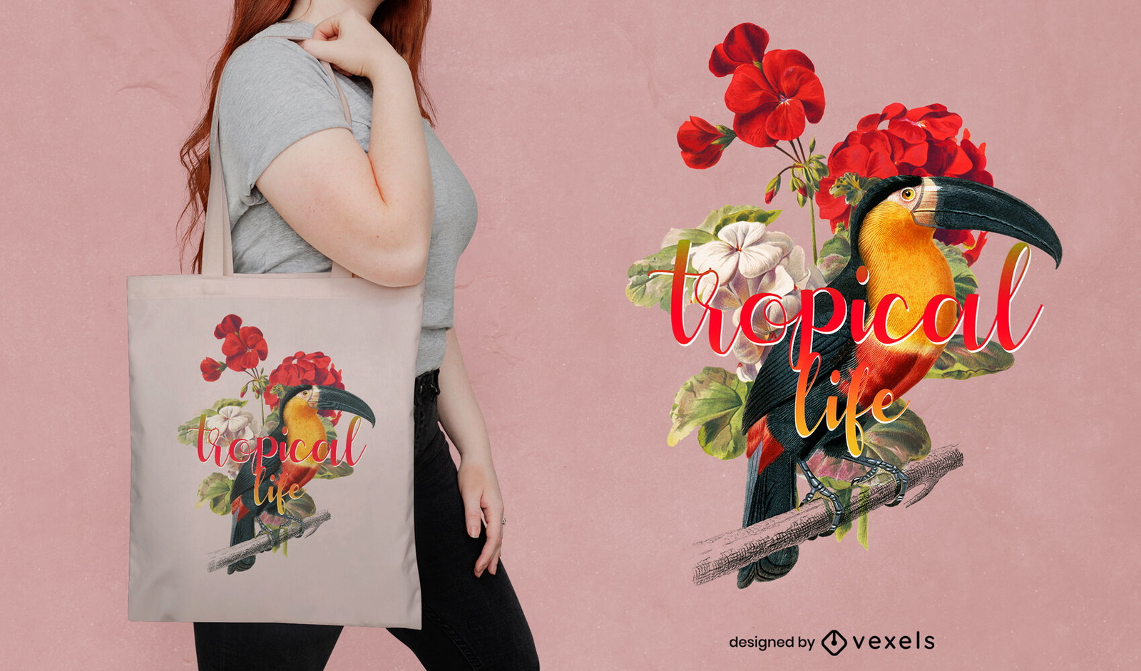 Diseño de bolso tote con flores y pájaros tropicales