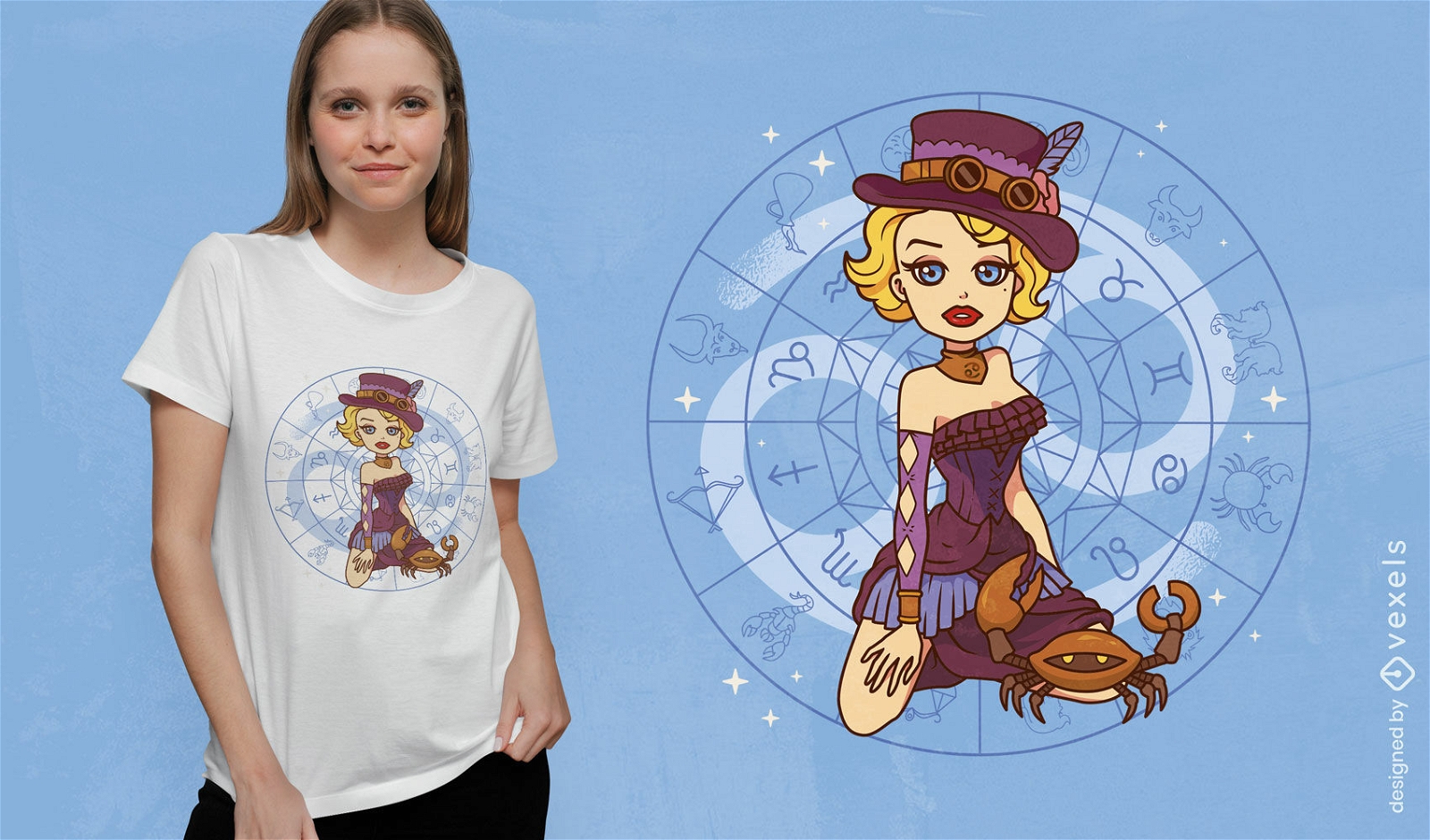 Steampunk pin up design de camiseta de garota de câncer do zodíaco