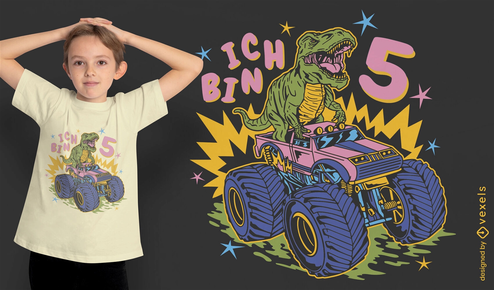 Diseño de camiseta con cita de cumpleaños de t-rex monster truck