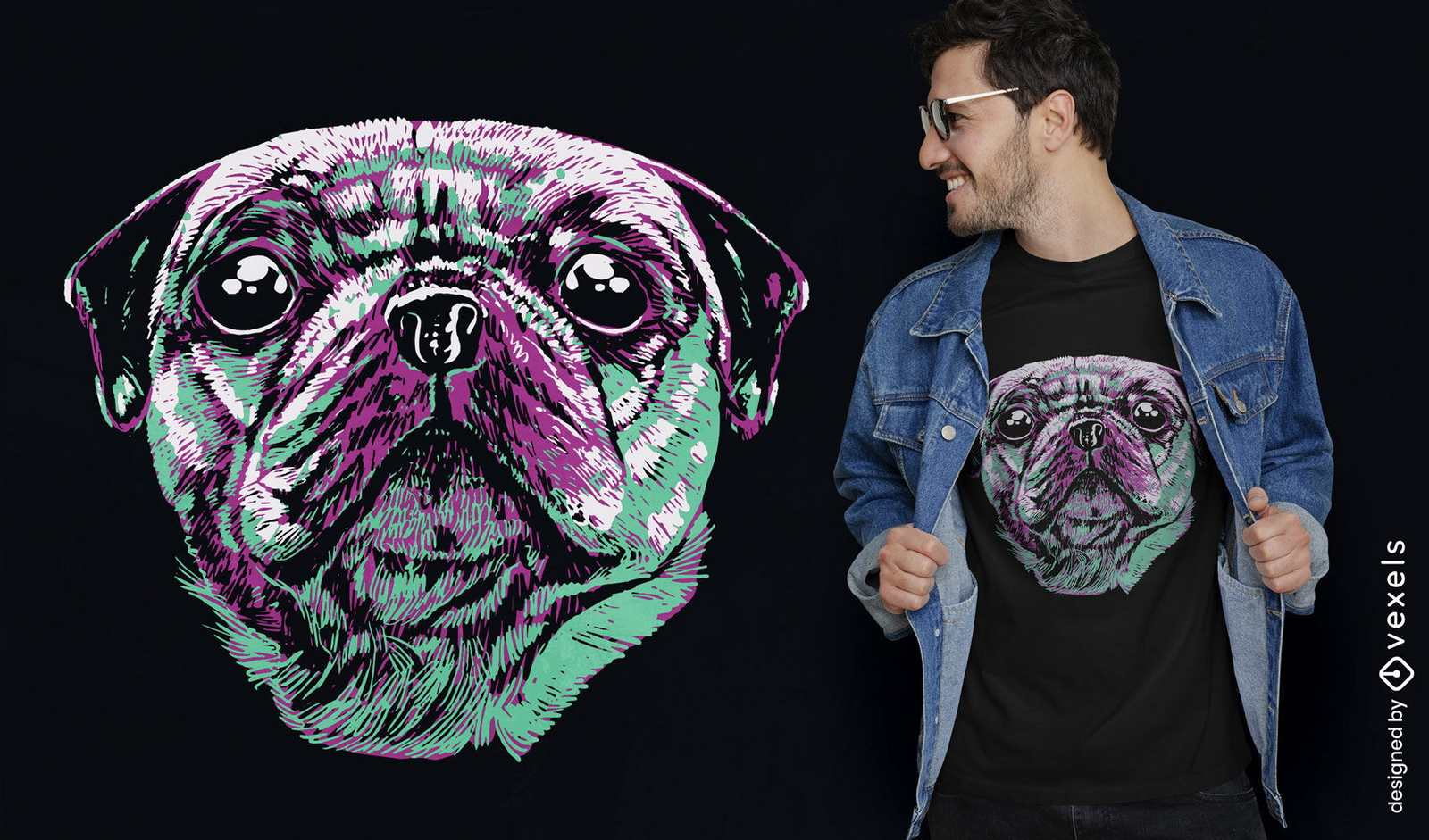 Diseño de camiseta de perro Pug realista