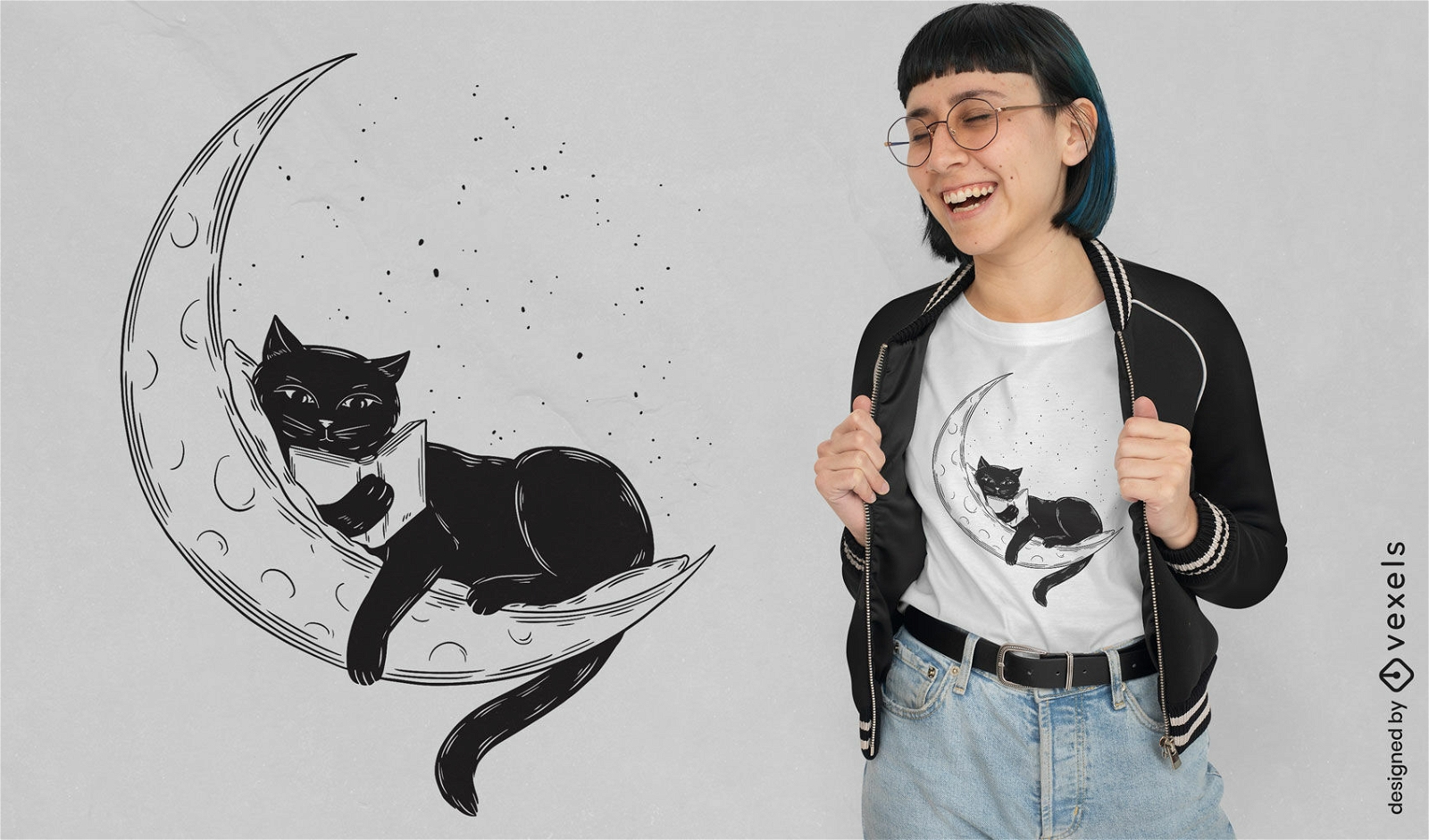 Design de camiseta de leitura de lua de gato preto