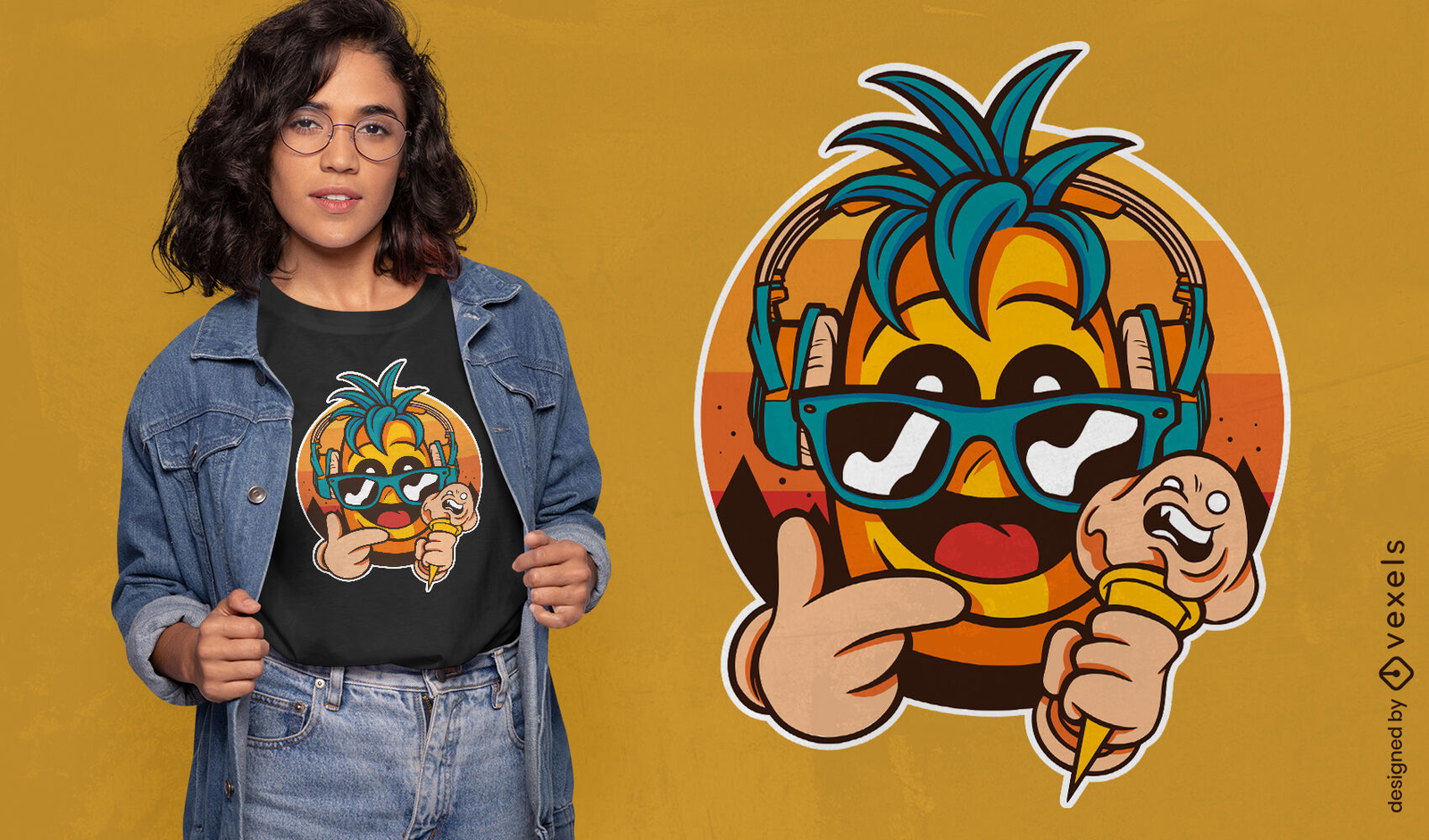 Diseño de camiseta de piña comiendo helado.