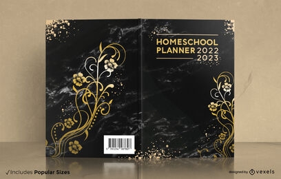 Design de capa de livro de planejador de flores douradas