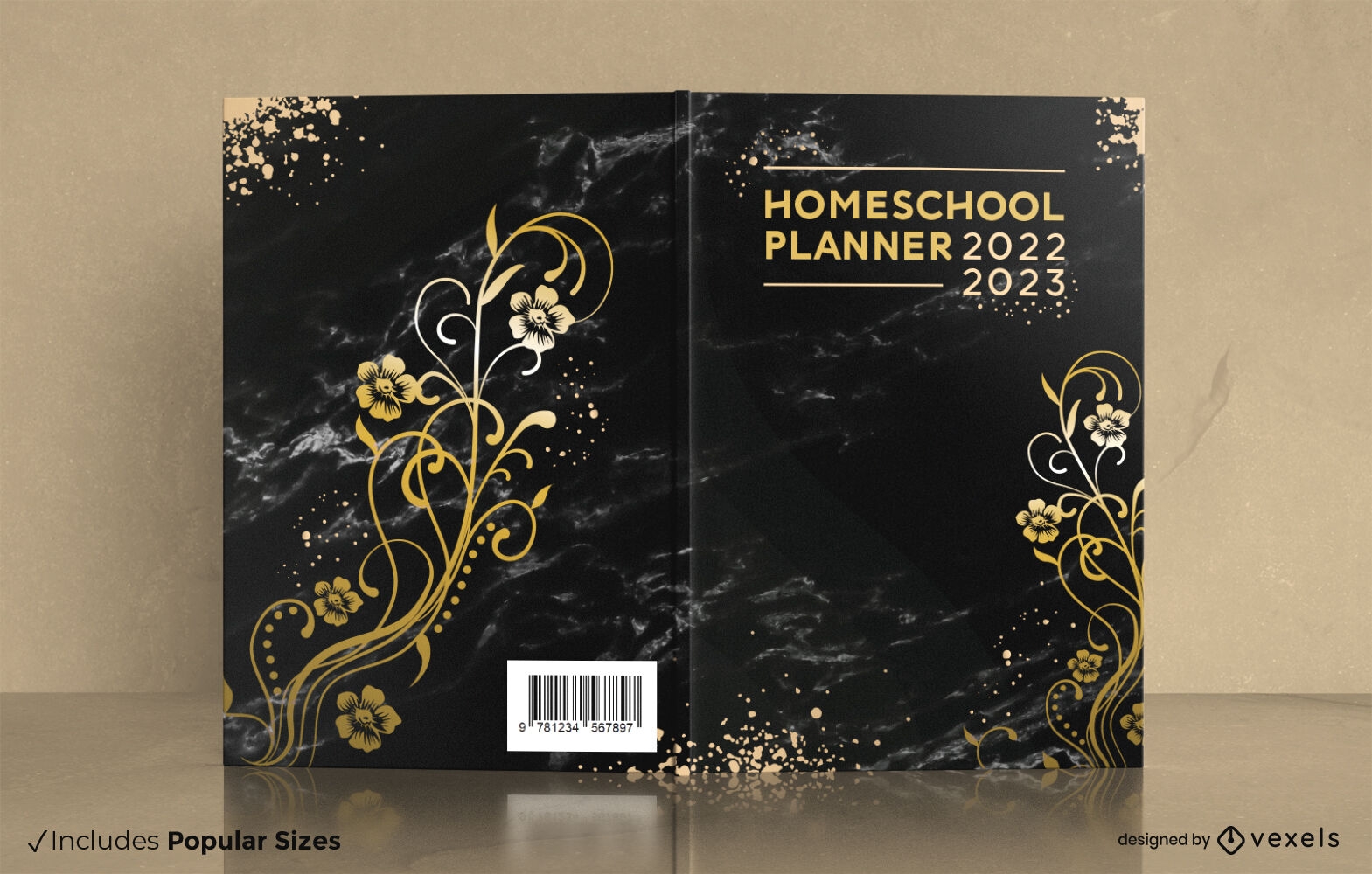 Golden flowers planner book cover design