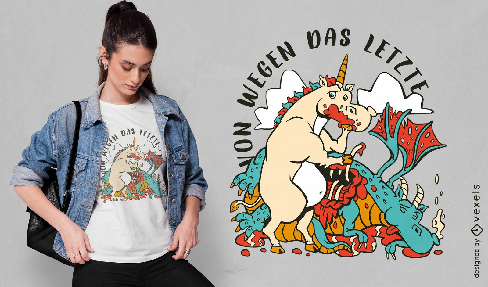 Diseño de camiseta de unicornio comiendo dragón.