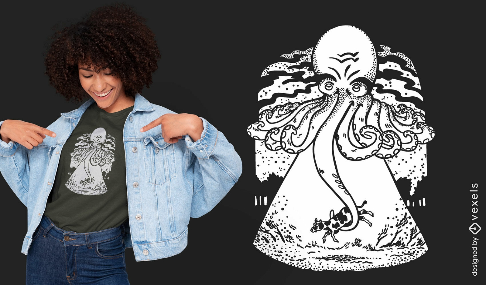 Octopus-Monster, das Kuh-T-Shirt-Design nimmt