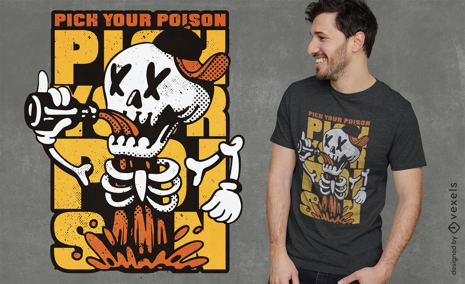 Diseño de camiseta de dibujos animados retro de veneno de esqueleto