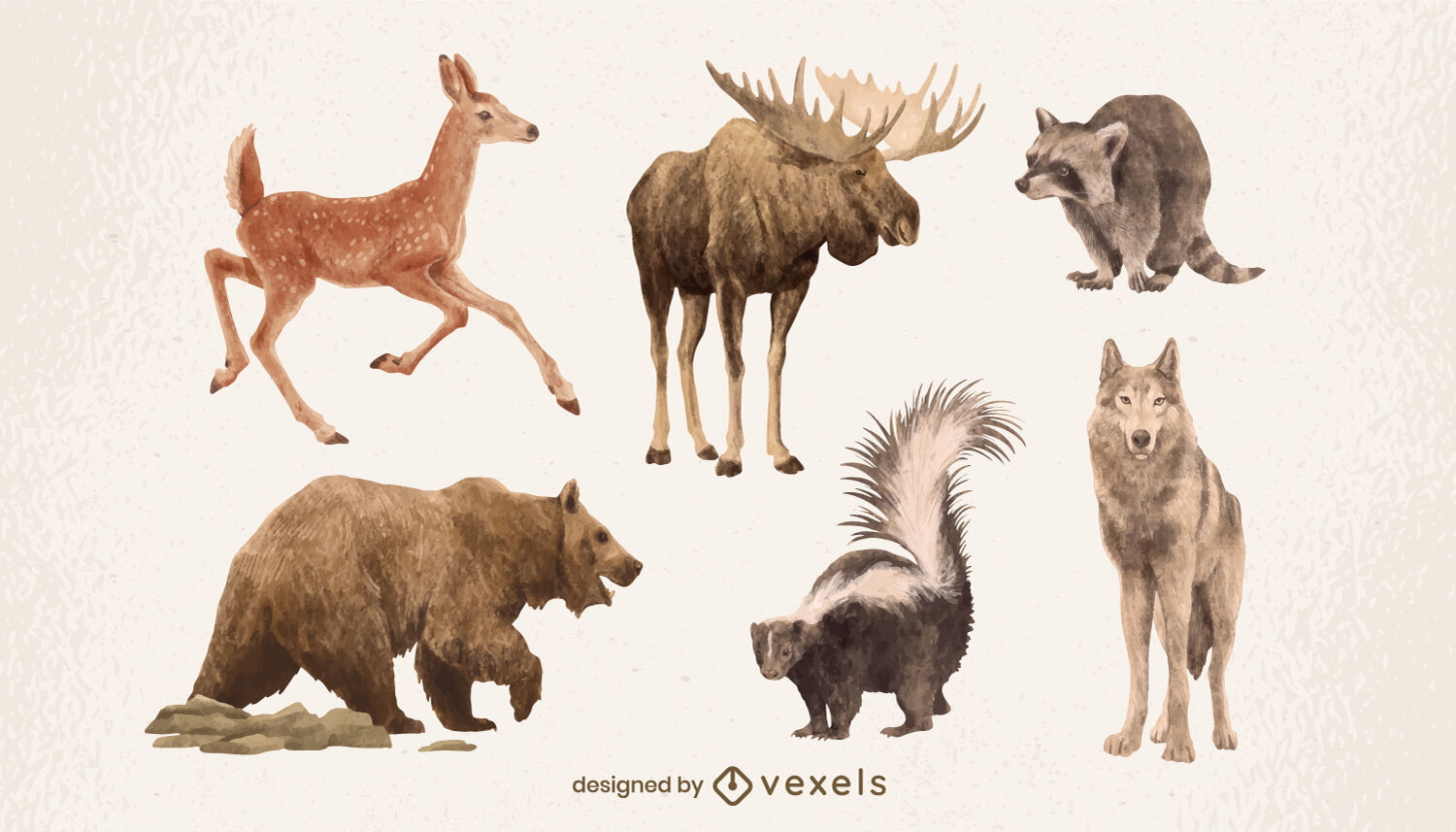 Conjunto de aquarela de animais da floresta realista