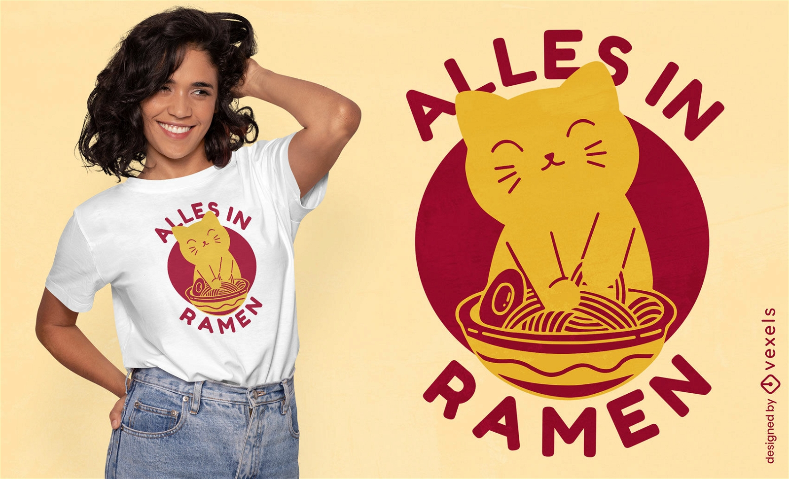 Design de camiseta com citação de gato Ramen
