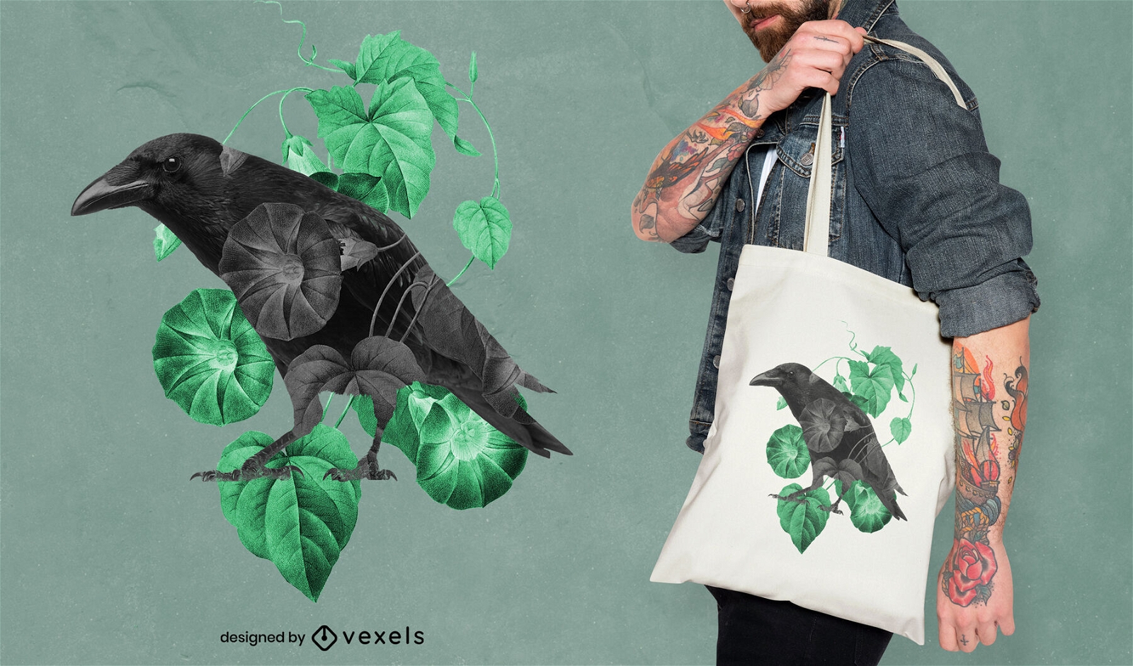 Crow bird and leaves tote bag design